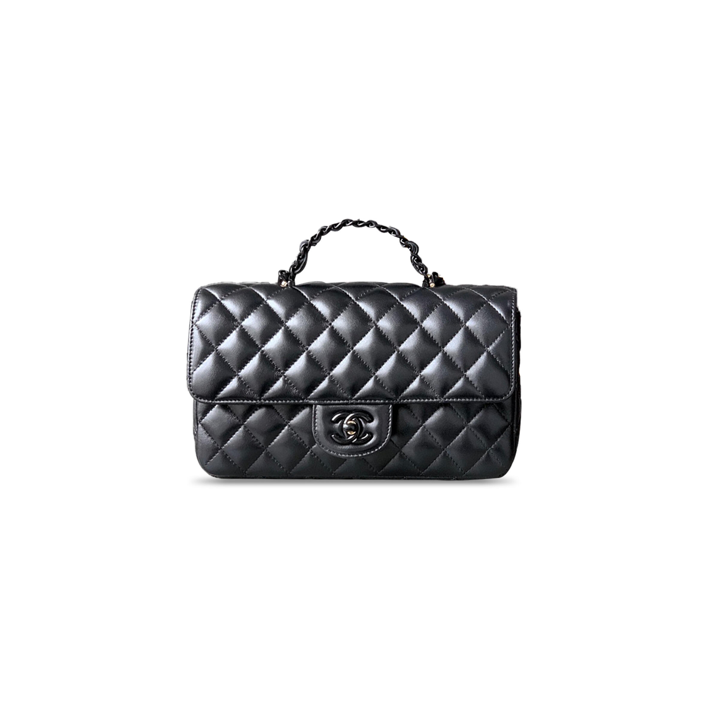 CHANEL LARGE LAMBSKIN QUILTED COCO POP TOP HANDLE FLAP BLACK AS5243 (23*12*6cm)